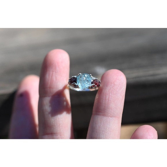 Raw Garnet Engagement Ring, Rough Aquamarine Ring - Picture 3 of 5